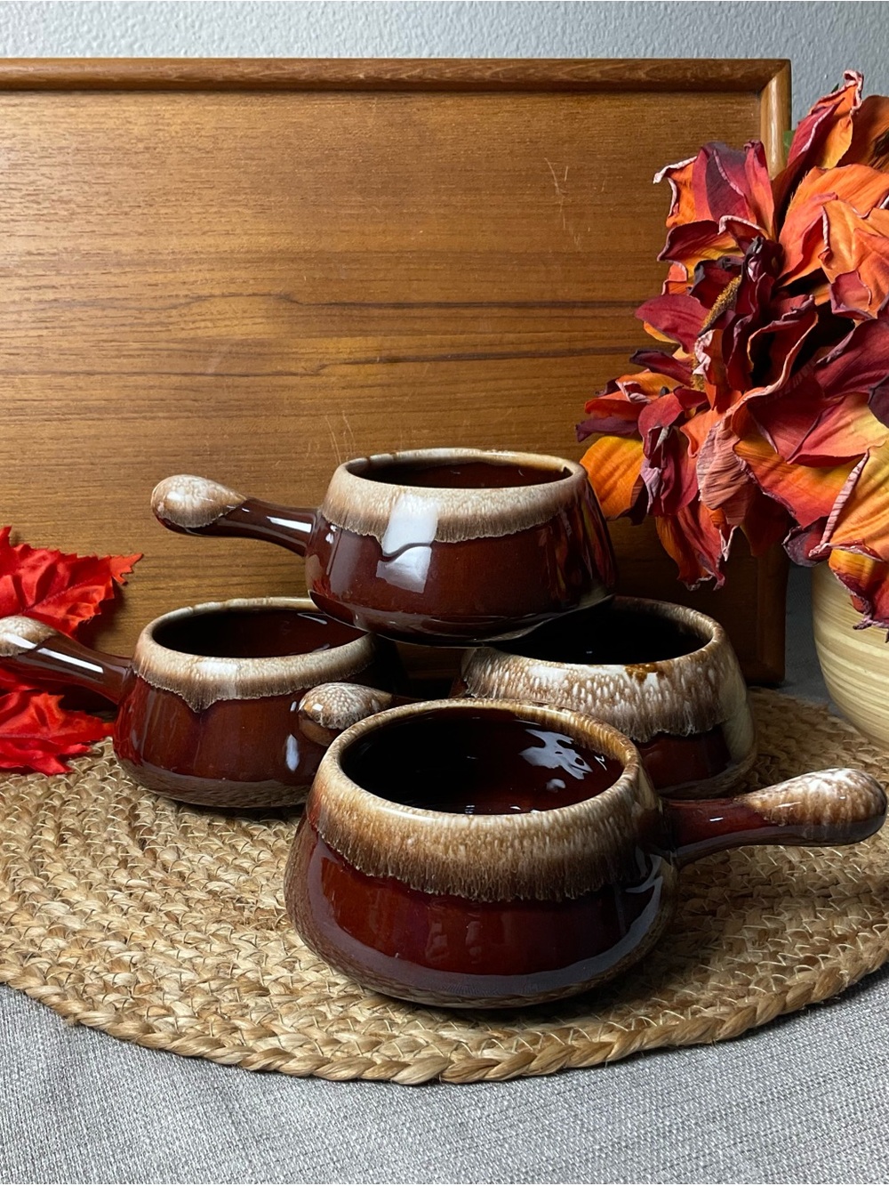 Vintage McCoy Brown and Cream Drip-Glaze Handled Soup Bowls - Set of 4